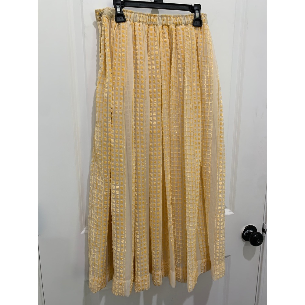 Vintage Yellow Velvet Burnout Grid Maxi Skirt Sheer Textured High Waist